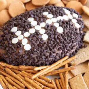 football shaped cheese ball with dippers