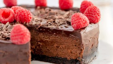 chocolate cheesecake with raspberries on top